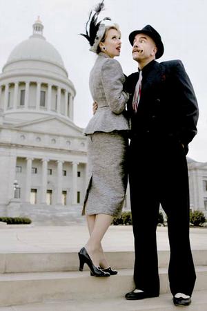 Joan Hess plays Billie Dawn, the former showgirl who has started to see the light, to the dismay of her man, shady war-time tycoon Harry Brock, played by Scott Coopwood, in the Rep production Born Yesterday, opening tonight.