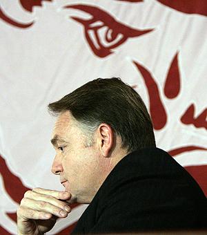 Arkansas Head Coach Houston Nutt resigns from the University of Arkansas on Monday, Nov. 26, inside the Broyles Center.