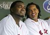 In this July 31, 2005, file photo, Boston Red Sox' David Ortiz, left, sits with teammate Manny Ramirez in the dugout during their game against the Minnesota Twins at Fenway Park in Boston.