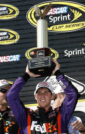 Denny Hamlin after winning the rain-delayed Pennsylvania 500 on Monday at Pocono Raceway in Long Pond, Pa.