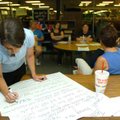 Third-grade teacher Sara Alderson writes down ideas as teachers from Asbell and Happy Hollow element...