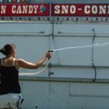 Katie Mitchell cleans off her candy stand in preparation of the start of the 111th Tontitown Grape F...