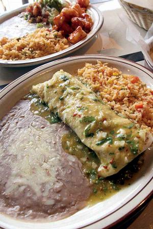 Entrees of note at Senor Tequila No. 6 include Camarones a la Diabla (top) and Burrito Canela.