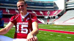 Arkansas quarterback Ryan Mallett smiles during an interview with WholeHogSports.com at Arkansas media day inside Razorback Stadium in Fayetteville on Saturday.