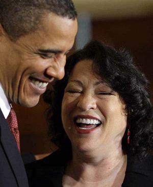 President Barack Obama laughs Wednesday with new Justice Sonia Sotomayor at the White House.