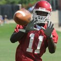 Arkansas freshman receiver Cobi Hamilton makes a catch during practice Aug. 7 at the UA practice fie...