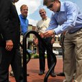 <b>A place to put your bike</b>
Mayor Bob McCaslin, left, Johnny Haney with the Rotary Foundation, ...