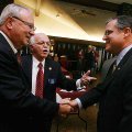 Arkansas Highway Commissioner Dick Trammel (center) introduces
Rudy Farber, vice chairman of the Mi...