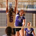 Fayetteville junior Mollie Stehlik (11) kills the ball past sophomore Taylor Hightower during the La...