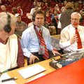 Mike Nail, right, participates in the radio broadcast during the Hogs' 70-56 loss to Mississippi Sta...
