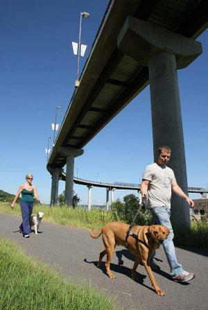 Robert Maunery walks his dog Barkley while Bonnie Guthrie escorts her dog Cash under the Big Dam Bridge in Little Rock during an outing Sunday.