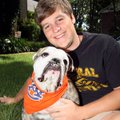 Blake James and Maggie, his English Bulldog, outside his Little Rock home, Aug. 23. James will be a ...