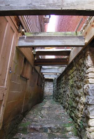 This passageway leads to the basement of the Basin Spring Bath House, which will serve as an office for Eureka Springs underground tours once repairs to the foundation and wall on the left are completed. 