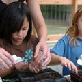 Happy Hollow Green Team members Kaitlyn Agnitti, left, and Zipporah Brechwald get help planting flow...