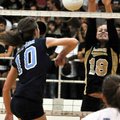 Bentonville's Sydney Thurow blocked a kill attempt by Har-Ber's Kellsie Pullen during Tuesday's 7A-W...