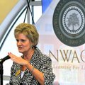Northwest Arkansas Community College President Becky Paneitz used a hand motion Wednesday to emphasi...