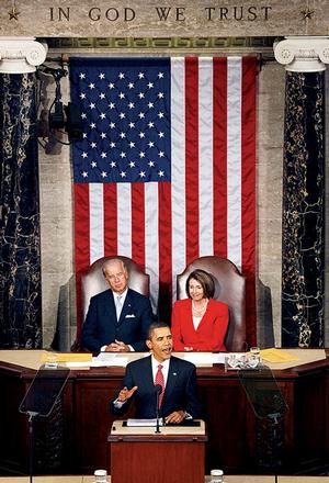 President Barack Obama, with Vice President Joe Biden and House Speaker Nancy Pelosi sitting behind him, tells a joint session of Congress that "now is the season for action" on health care.