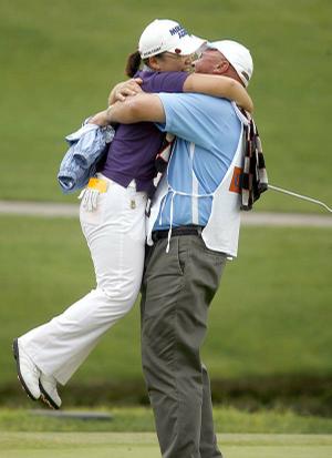 Jiyai Shin celebrates after sinking a birdie putt on the 15th green to win a playoff at the Northwest Arkansas Championship in Rogers.