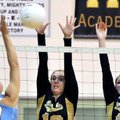 Bentonville's Melissa Bakke, left, and Sydney Thurow blocked an attack by Fort Smith Southside's Bro...