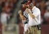 Arkansas coach Bobby Petrino speaks to a game official during the Hogs' 52-41 loss to Georgia Saturday in Razorback Stadium. 