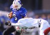 Woodland Junior High tight end Brooks Ellis (5) fends off George Junior High safety Jesus Conteno during the first quarter of play Sept. 10 at Harmon Field. 

