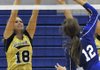Bentonville’s Sydney Thurow, left, set up for a block against Rogers’ Allie Krabbenhoft during Tuesday’s volleyball match at W.E. King Arena at Rogers High School. 
