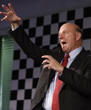 Steve Ballmer, CEO of US computer software company Microsoft, gestures during a news conference in Munich, southern Germany, Wednesday.