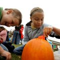 Michael Cleghorn (left), 6, watches as his sister Alicyn Keith, 10, carves a pumpkin Sunday on the l...