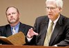 Richard Weiss (right), director of the Department of Finance and Administration, and Richard Wilson of the Bureau of Legislative Research discuss state revenue in October at the Capitol.