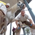 Cody Poole files a horseshoe down to the hoof with Steven Williams looking on during a week-long wor...