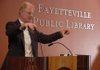 Ed Begley Jr. talks during a press conference Friday at the Fayetteville Public Library. Begley gave a talk Friday night at the library to talk about his life as an actor and environmentalist.