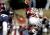 Arkansas receiver Greg Childs bobbles a fourth-quarter pass in Saturday’s 30-17 loss to Mississippi in Oxford, Mo. Childs led the Arkansas receivers wth three catches for 83 yards, but was unable to score. The Razorbacks’ Carlton Salters was able to score on a deflection on a pass to Childs, however.