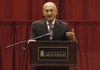 Ehud Olmert, the former prime minister of Israel, speaks Tuesday at the University of Arkansas at Fayetteville’s Barnhill Arena as part of the university’s Distinguished Lecture Series.
