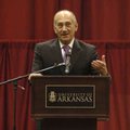 Ehud Olmert, the former prime minister of Israel, speaks Tuesday at the University of Arkansas at Fa...