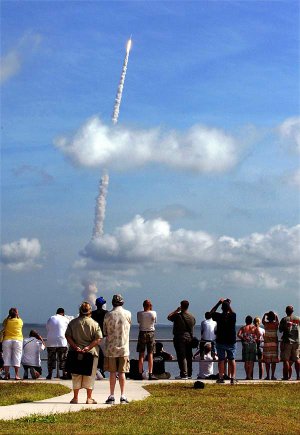 People pack Kennedy Point Park in Titusville, Fla., on Wednesday to watch the test launch of NASA’s Ares I-X rocket as it lifts off from the Kennedy Space Center.