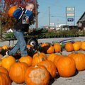 Samuel Smith, 7, carries a pumpkin he picked out to be weighed Wednesday at College Avenue Garden ne...