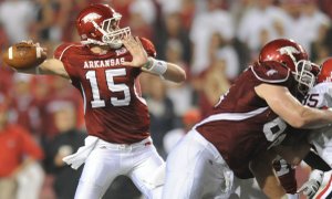 Arkansas sophomore quarterback Ryan Mallett passes during the second half of the Hogs’ 52-41 loss to Georgia Sept. 19 in Razorback Stadium.