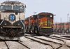 Burlington Northern Santa Fe locomotives sit idle in May in a rail yard in Lincoln, Neb.