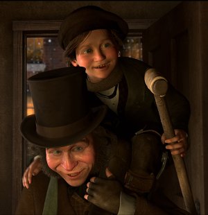 Tiny Tim Cratchit (voice of Gary Oldman) rides on the shoulders of his father Bob
(also voiced by Oldman) in Robert Zemeckis’ A Christmas Carol.