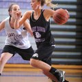 Fayetteville junior point guard Calli Berna, right, drives past junior guard Clair Childers during p...