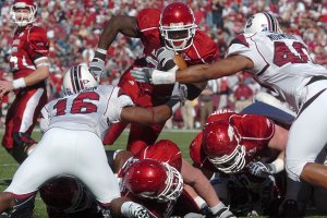 University of Arkansas running back Broderick Green pushes his way into the end zone to score a touchdown in the third quarter of Saturday afternoon's game at Razorback Stadium in Fayetteville.