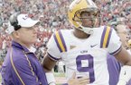 LSU Coach Les Miles, talking to quarterback Jordan Jefferson during Saturday’s 25-23 loss to Mississippi, spent the weekend second-guessing his strategy in the closing moments of the game and accepted responsibility for the loss in Monday’s weekly news conference.