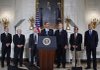 In this May 11, 2009 file photo, President Barack Obama, center, speaks about health care in the State Dining Room of the White House in Washington. From left: Cedars-Sinai Health System President Thomas Priselac; Merck CEO Richard Clark; Kaiser Permanente CEO George Halvorson; Obama; American Medical Association President J. James Rohack; SEIU Healthcare chair Dennis Rivera; and Edwards Lifesciences CEO Michael Mussallem. 
