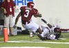 Arkansas wide receiver Joe Adams backs into the end zone for his first touchdown of the year, a 40-yard third-quarter score in the season-opening, 48-10 victory over Missouri State.