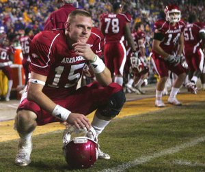 Arkansas quarterback Ryan Mallett reacts on the sidelines after the Razorbacks' 33-30 loss to LSU in overtime on Saturday.