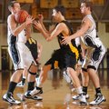 West Fork’s JR Johnson, left, strips the ball away from Prairie Grove’s Logan Huber, center, as Loga...