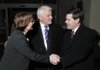 Fayetteville Chamber of Commerce President Steve Clark, center, introduces a member of his staff Joy Heuer, left, to Lt. Gov. Bill Halter as Halter arrives Monday night at the Fayetteville Chamber of Commerce’s annual banquet at The Town Center in Fayetteville. Halter was the event’s guest speaker.
