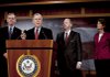 Senate Minority Leader Mitch McConnell speaks at a news conference Saturday on Capitol Hill after an attempted Republican filibuster was thwarted. He is joined by (from left), Sens. Judd Gregg, George LeMieux and Lisa Murkowski.