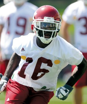 Arkansas freshman defensive back Darius Winston participates in a footwork drill Aug. 7 during the Razorbacks’ fall camp in Fayetteville.