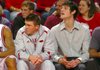 Rotnei Clarke, left, and Michael Sanchez did not play Wednesday in Arkansas' 76-51 win over Alabama State. Clarke sat out because of tendonitis in his left knee and Sanchez sat out because of a flare up with his ongoing foot problems.